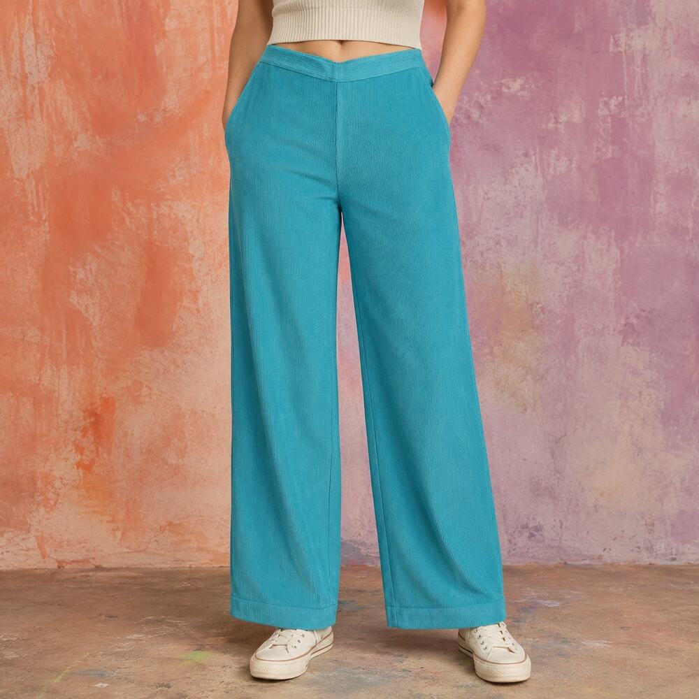 Alfred Dunner Turquoise Corduroy Pull On Pants 8P Petite Art Teacher Retro